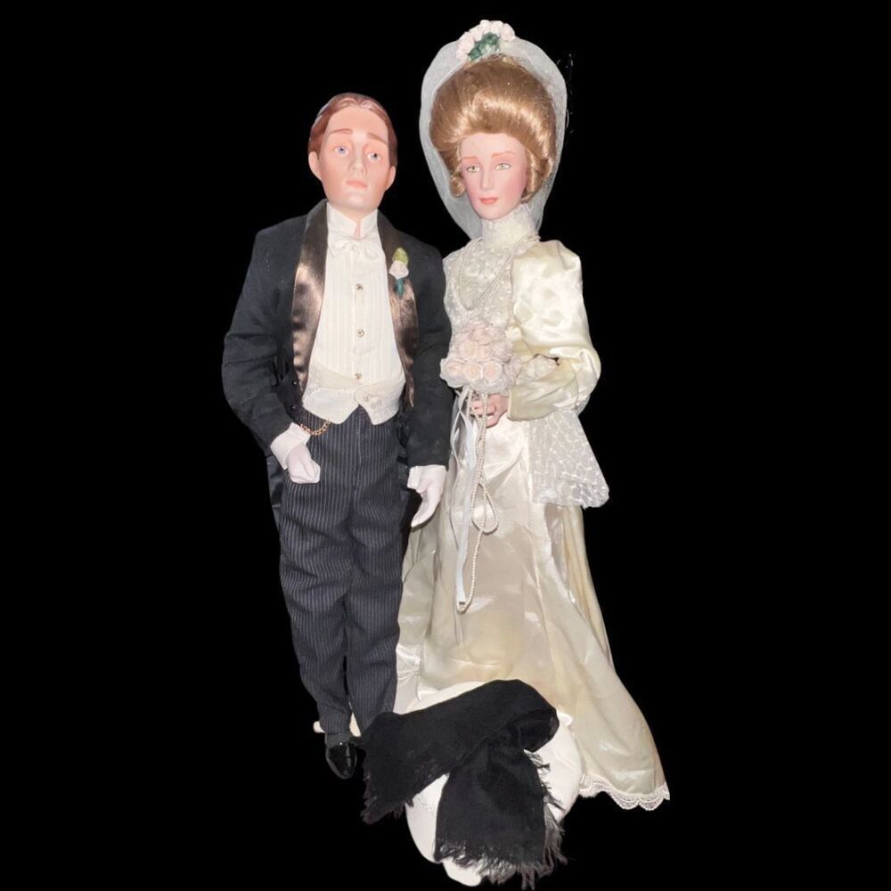 Vintage 1989 Franklin Heirloom Porcelain Dolls Gibson Girl Bride & Groom 22”